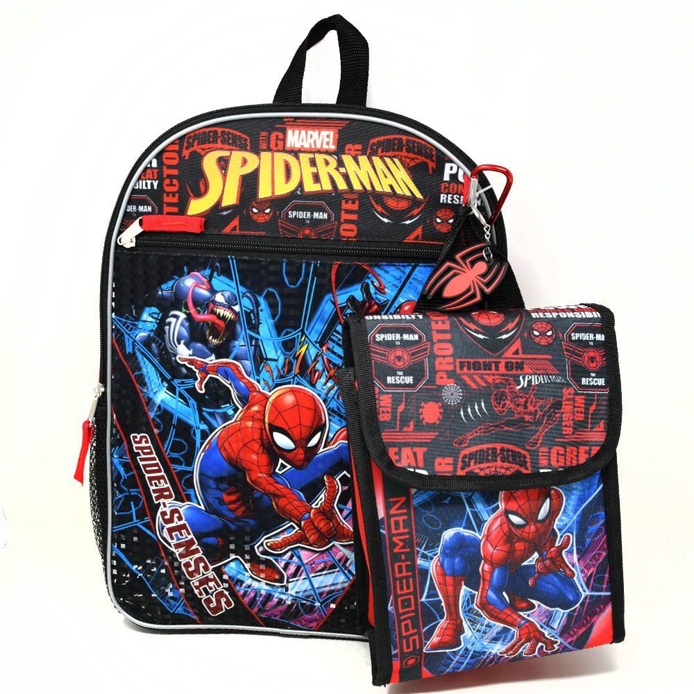 AA Spiderman 16" Backpack 4pc Set with Lunch Kit, Key Chain & Carabiner