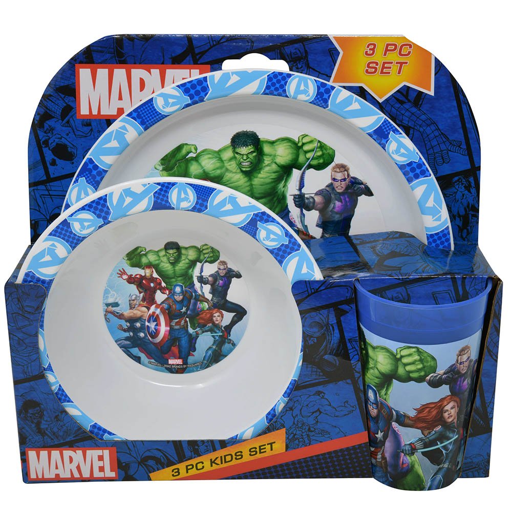 Avengers 3pc PP Dinner Set in Open Box 8" plate, 6.5" bowl & 8oz PP transparent tumbler
