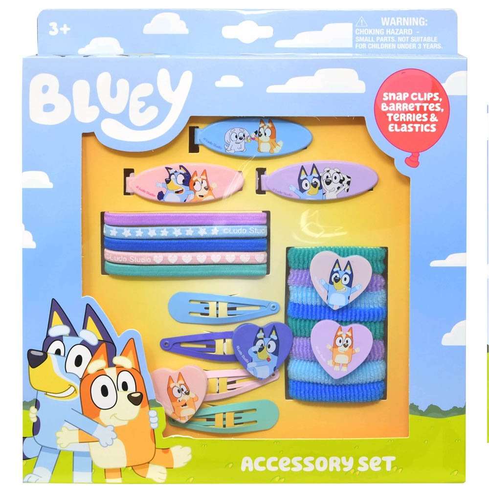 Bluey 20pc Accessory Set in box- 4 snap clips, 3 barrettes, 8 terries, 5 elastics