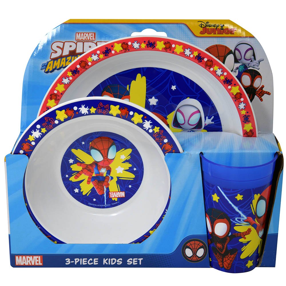 Spidey & Friends 3pc PP Dinner Set in Open Box 8" plate, 6.5" bowl & 8oz PP transparent tumbler