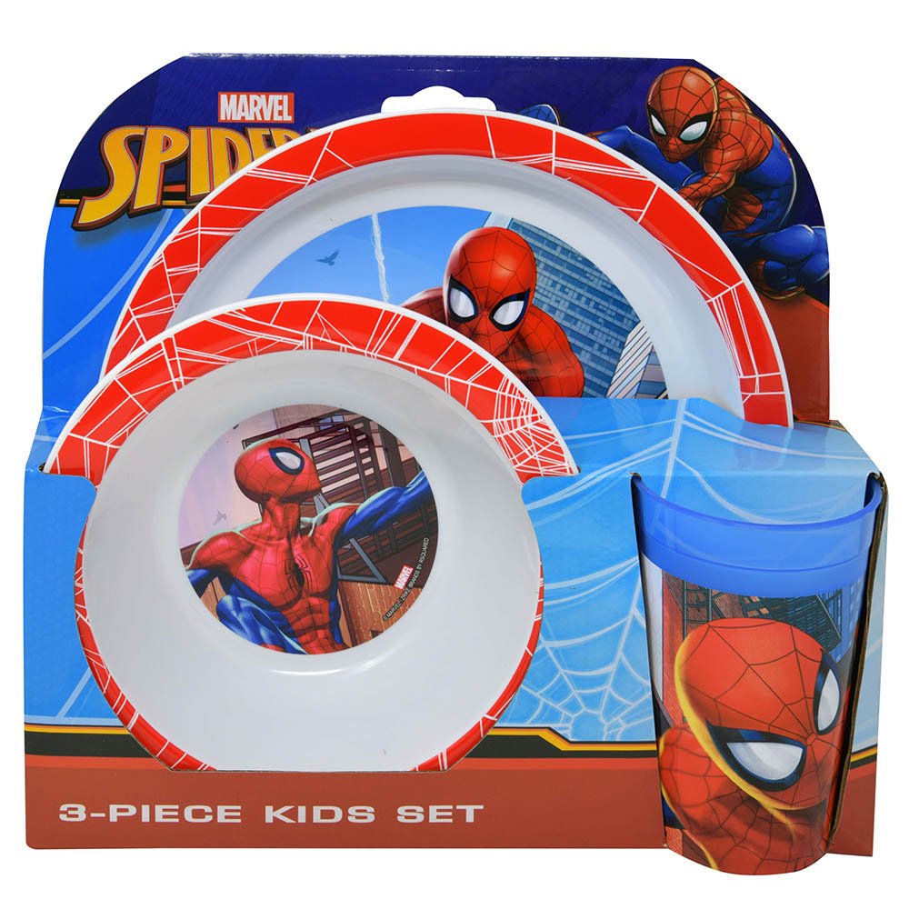 Spiderman 3pc PP Dinner Set in Open Box 8" plate, 6.5" bowl & 8oz PP transparent tumbler