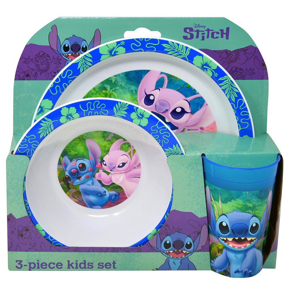 Stitch 3pc PP Dinner Set in Open Box 8" plate, 6.5" bowl & 8oz PP transparent tumbler